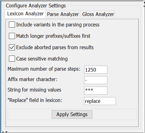 Analyzer settings configuration panel