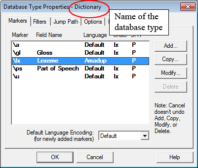 Database type properties dialog window