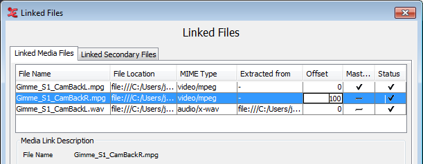 Synchronizing video files: Enter offset in 'Linked Files'