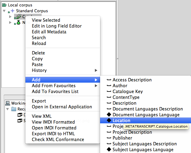 Catalogue context menu