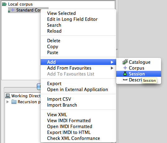 Adding a new session node to a corpus branch