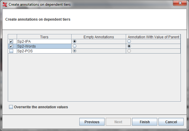 Create annotations on dependent tiers