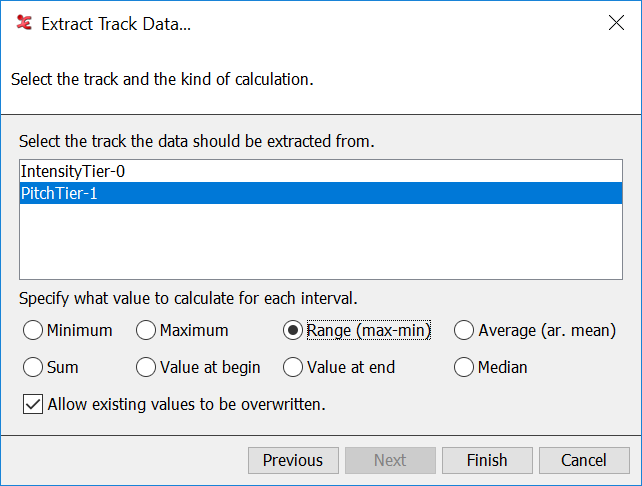 The Extract Track Data window