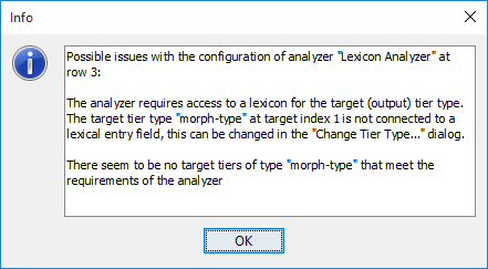 A warning concerning a missing link to a lexicon field or the absence of suitable tiers
