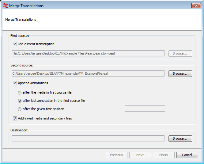 Merge transcriptions dialog window