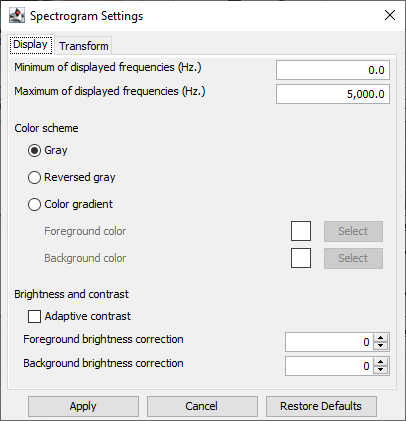 Spectrogram display settings panel