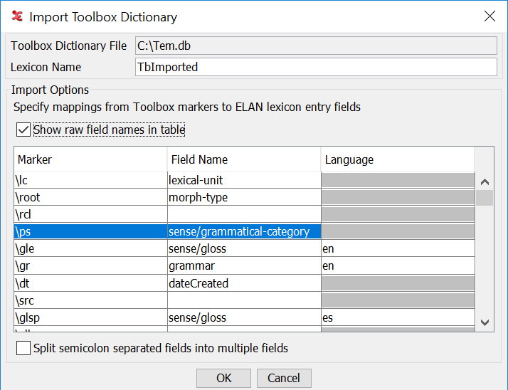 Import Toolbox dictionary showing "raw" field names