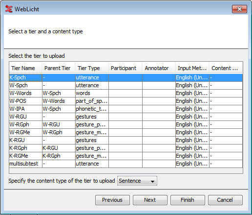 WebLicht service: select a tier to upload