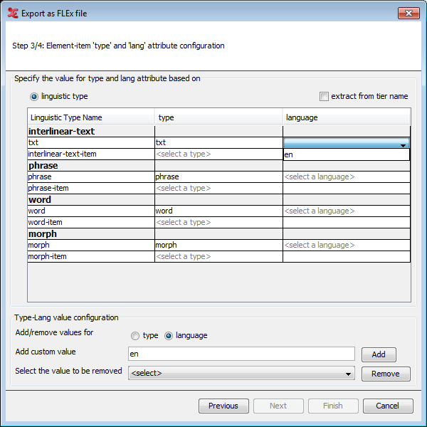 Element-item type and language attribute.