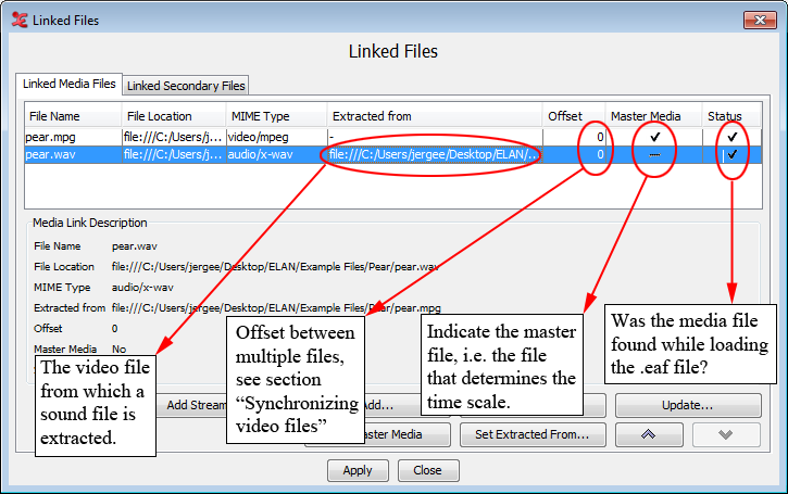Linked files dialog window