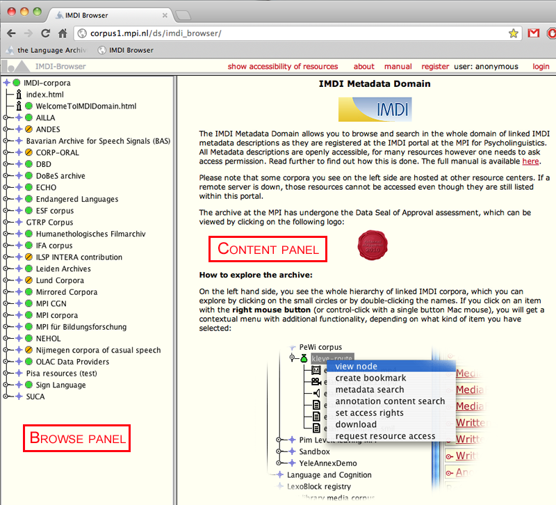 IMDI Browser main view