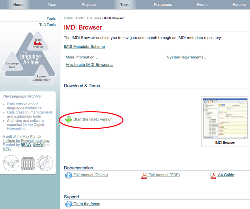 LAT page: Link to IMDI web Browser (A)
