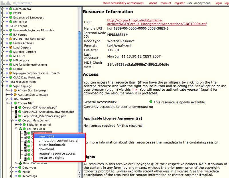 Right click option under session node