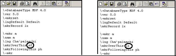 Example: Redefining the position of the marker in the .typ structure file. Before: defined under 'sf'. After: defined under 'lx'