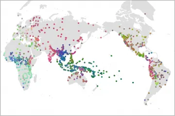  Grammatical similarity in the Grambank sample of languages. The color coding represents the distribution of languages according to the first three principal components (PCs) mapped onto RGB color space (PC1, red; PC2, green; PC3, blue). Similarity in color indicates similarity in grammatical structure on the first three dimensions. See fig. S15 for loading of Grambank features on the first two components and fig. S16 for correlation with theoretical metrics.