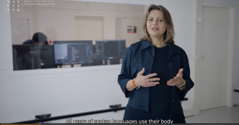 Video screenshot of Asli Ozyurek in the Mo Cap Lab