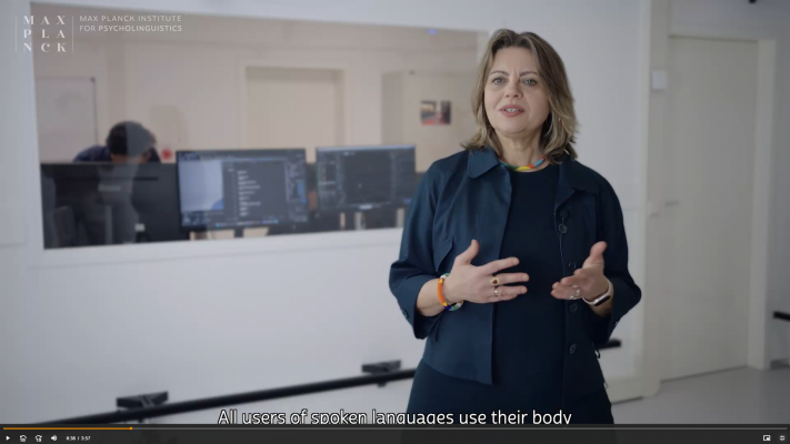Video screenshot of Asli Ozyurek in the Mo Cap Lab